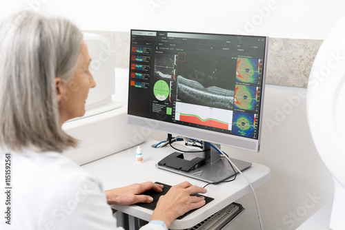 Quadro em tela Senior doctor analyzing optical coherence tomography scan on computer in ophthal