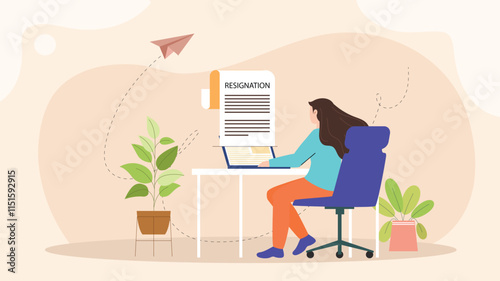 An illustration of a person writing a resignation email, sitting at a desk with a laptop or desktop screen, focused on typing the letter, with a clear, professional workspace.