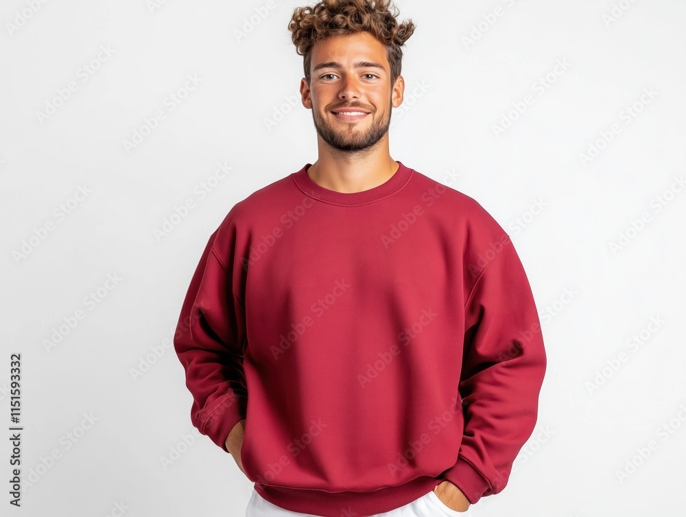 Obraz premium Maroon university sweatshirt mockup displayed against a clean white background with a male model smiling