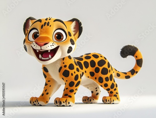 a cartoon cheetah with black spots standing on a white background