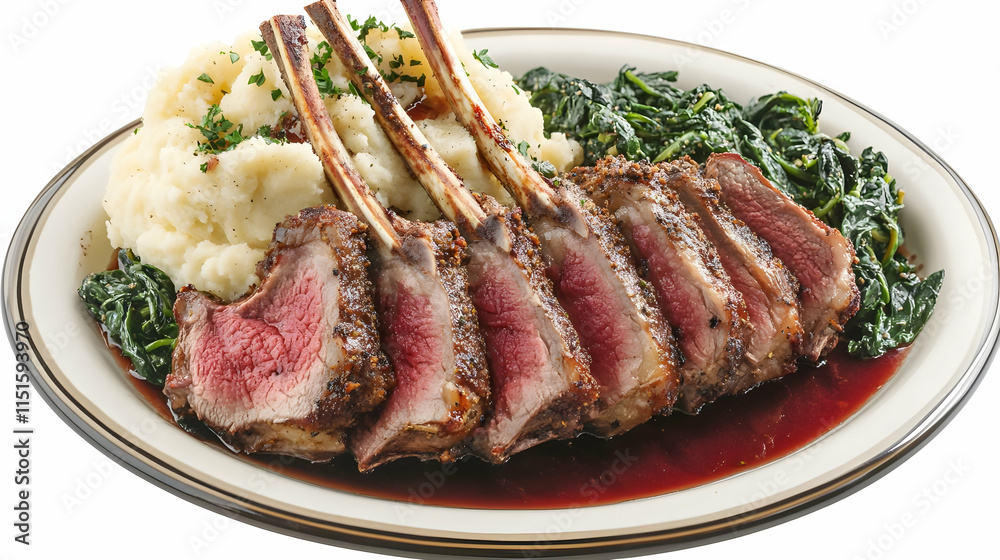 Rack of Lamb with Red Wine Reduction, Mashed Potatoes, and Spinach