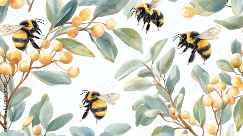 Watercolor bumblebees and pale yellow berries on foliage