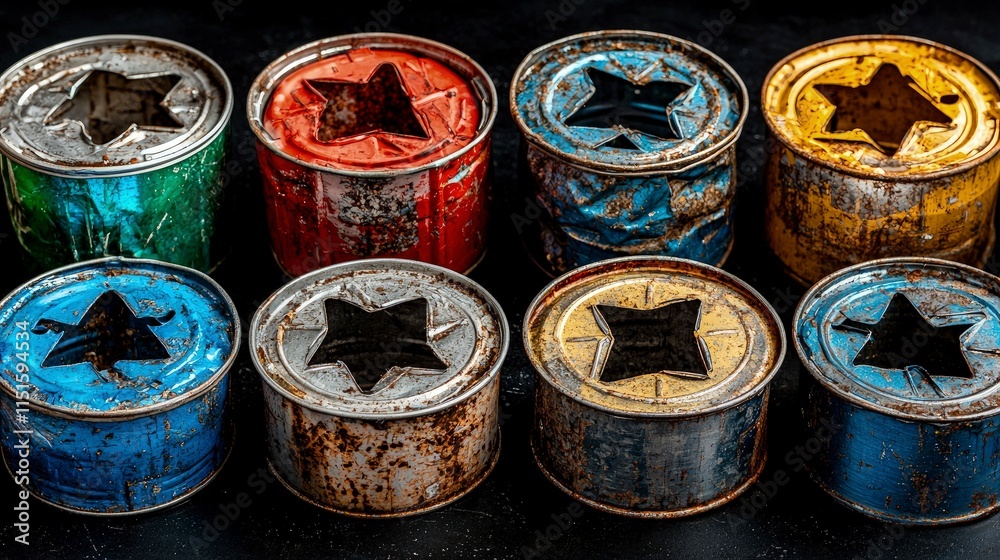 Close-up of colorful rusty cans with star-shaped holes. Recycled materials repurposed for decorative or functional uses. Vintage aesthetic with textured surfaces and vibrant hues. Close-up of colorful rusty cans with star-shaped holes. Recycled materials repurposed for decorative or functional uses. Vintage aesthetic with textured surfaces and vibrant hues.
