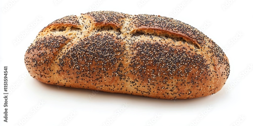 Whole poppy bread displayed in isolation on a white background, showcasing the unique texture and vibrant seeds of this dietary bread option. Whole poppy bread is perfect for various meals. Whole poppy bread displayed in isolation on a white background, showcasing the unique texture and vibrant seeds of this dietary bread option. Whole poppy bread is perfect for various meals.