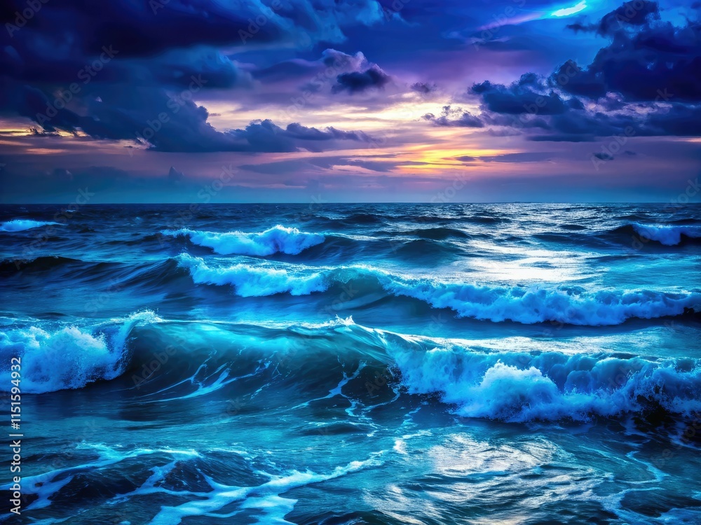 Fototapeta premium Soothing blue hues paint a serene nightscape; calm sea, dark sky, peaceful ocean.