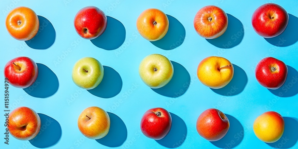 Vibrant, juicy apples arranged on a blue backdrop create an appealing flat lay. This assortment of fruit exudes sweetness and aesthetic charm.