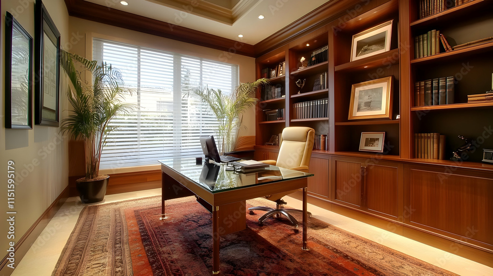 Luxury Home Office Design: Wooden Bookshelves and Modern Desk