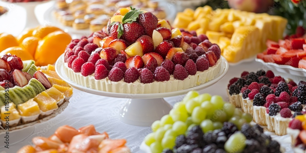 Colorful variety of fruit beautifully arranged, complemented by an array of tempting desserts. Explore the delightful assortment of fruit and desserts. Enjoy a taste of this variety of fruit.