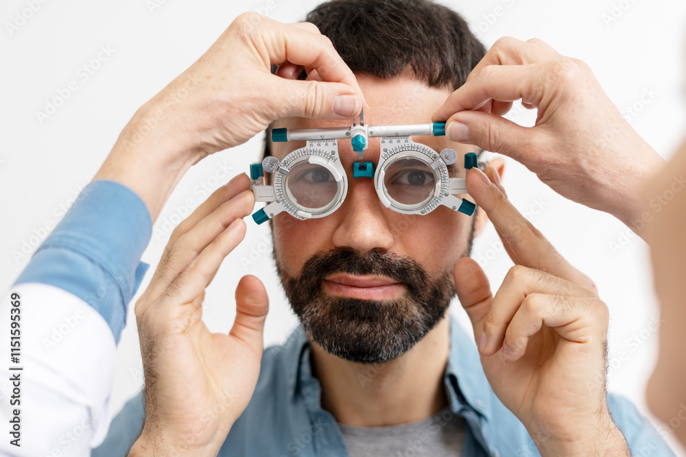Optometrist performing eye exam on patient using phoropter Optometrist performing eye exam on patient using phoropter