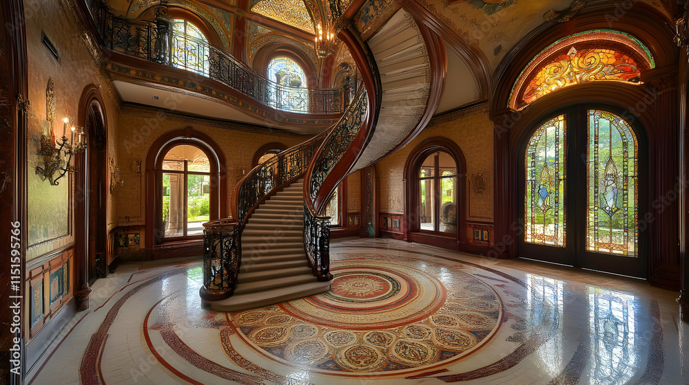 Obraz premium A Majestic Mansion's Grand Entrance: Exquisite Spiral Staircase and Intricate Design