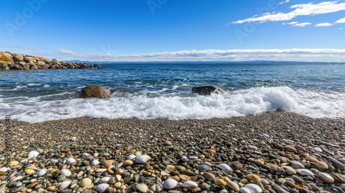 Ocean waves crash on a pebbled beach strewn with shells photo