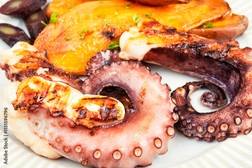 Grilled octopus with potato. Grilled octopus with potato.
