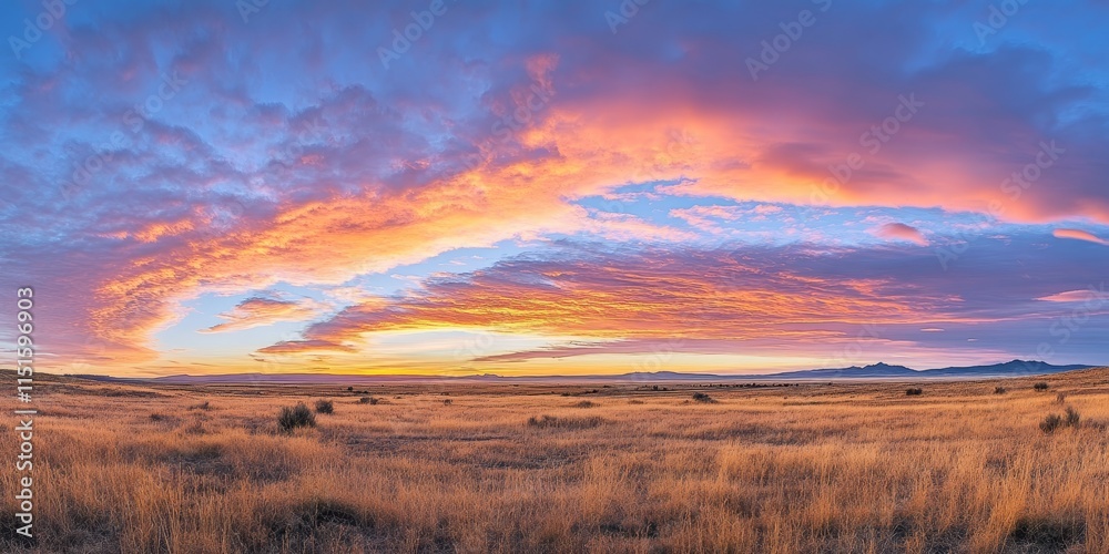 Obraz premium Scenic golden orange clouds illuminate the azure sky just before sunrise. This panoramic shot captures the beautiful pastel colors of the dawn sky, showcasing a stunning morning skyscape and the start