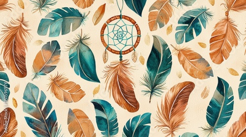 Watercolor dreamcatcher and feathers pattern