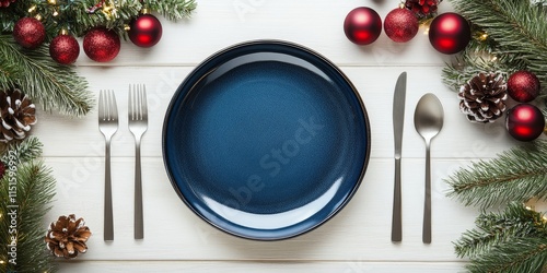 Elegant table setting featuring an empty dark blue dish, complemented by Christmas and New Year s holiday decorations alongside cutlery, arranged on a white wooden surface from an overhead photo