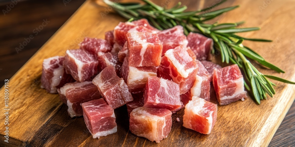 Fresh bacon cubes accompanied by a sprig of rosemary create a deliciously inviting scene. These fresh bacon cubes are perfect for enhancing various dishes with rich flavor.