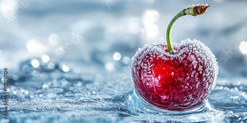 Frozen red cherry encased in ice, showcasing the vibrant color of the cherry against the icy background. The frozen red cherry highlights its unique texture and beauty in this chilling scene. photo