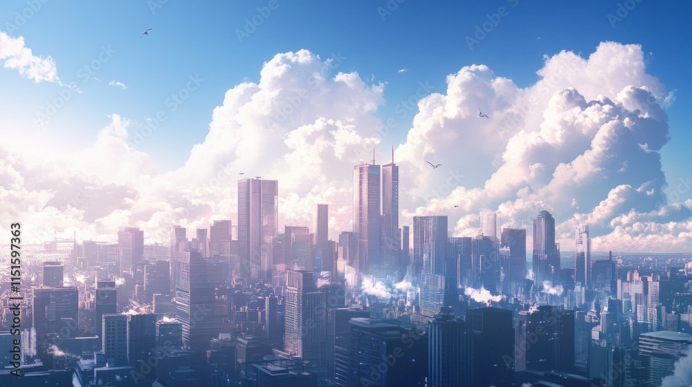 Fototapeta premium Serene Cityscape Under a Dreamy Sky: An Artistic Rendering of a Modern Metropolis