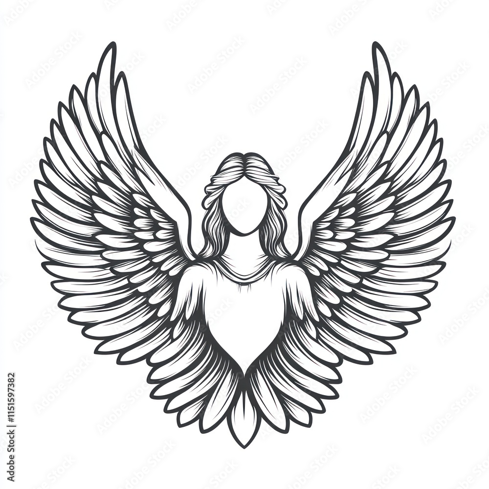 Angel with large wings, line art illustration. Angel with large wings, line art illustration.