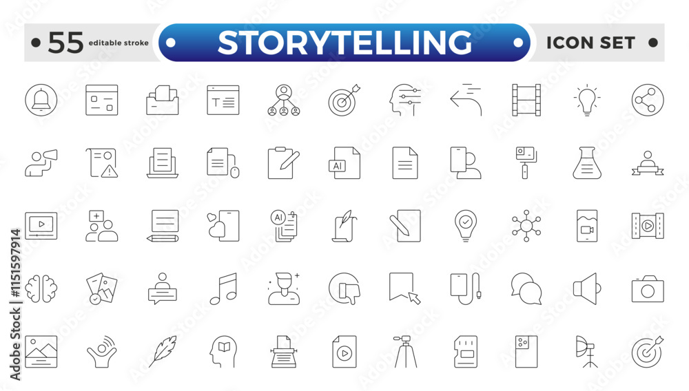 Storytelling and content creator Outline icon, creative campaign among blog audience, article and typewriter of author. Storytelling editable stroke outline icon.
Storytelling and content creator Outline icon, creative campaign among blog audience, article and typewriter of author. Storytelling editable stroke outline icon.