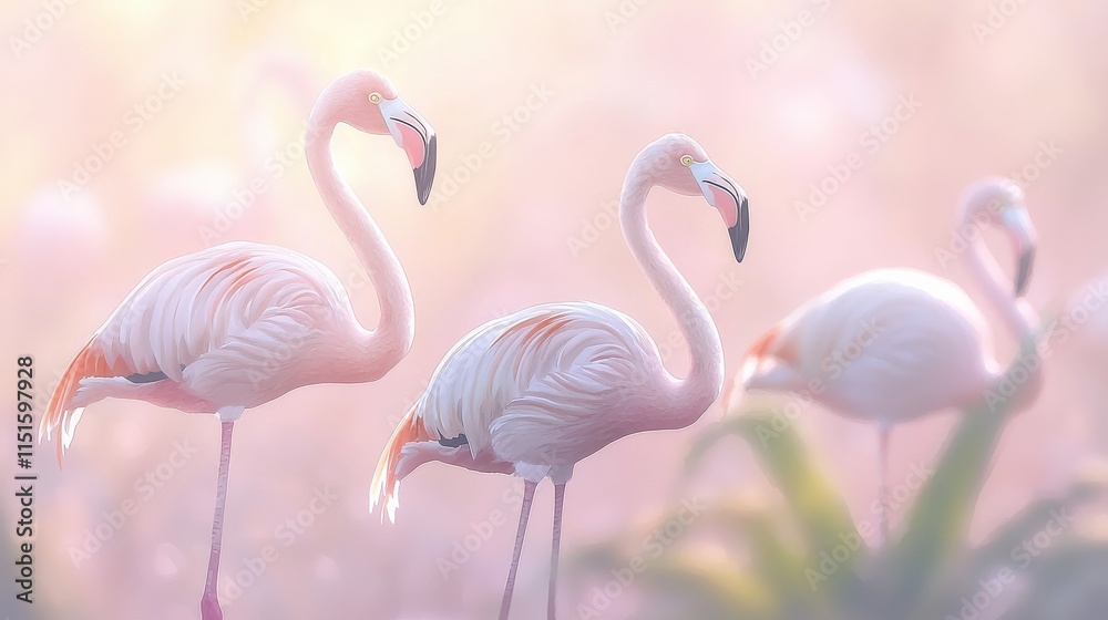 Obraz premium Pink flamingos in soft, dreamy light