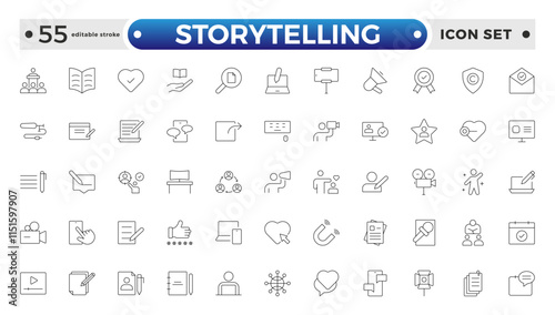 Storytelling and content creator Outline icon, creative campaign among blog audience, article and typewriter of author. Storytelling editable stroke outline icon.
