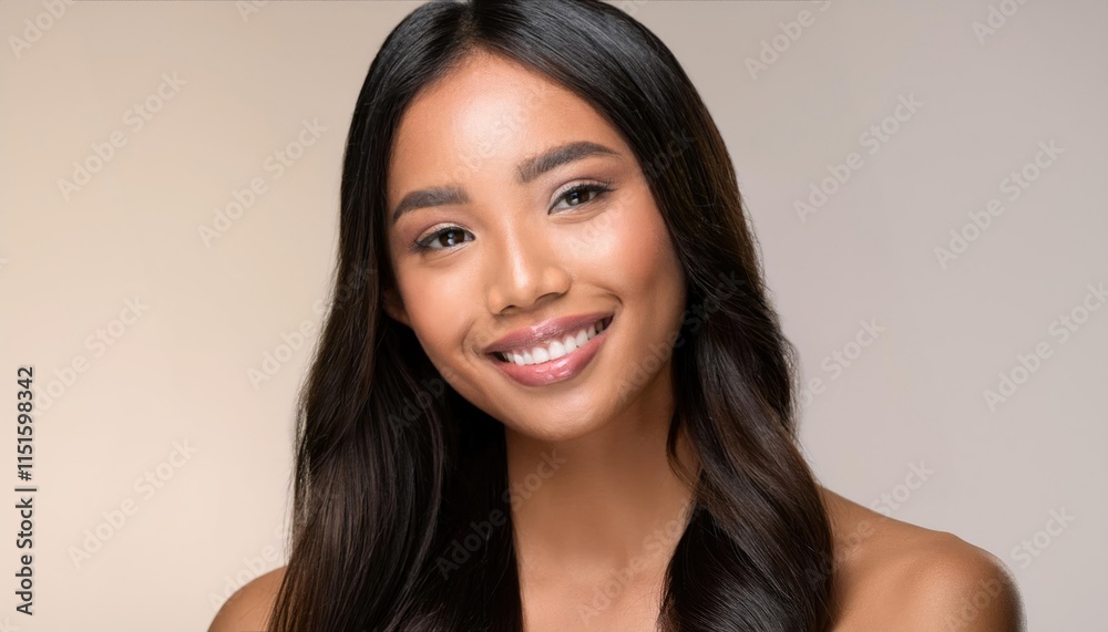 A close-up of a woman with flawless, glowing skin and soft makeup, showcasing a natural beauty against a light, neutral background A close-up of a woman with flawless, glowing skin and soft makeup, showcasing a natural beauty against a light, neutral background