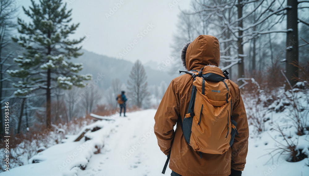 Backpackers hiking snowy trail in winter forest
Backpackers hiking snowy trail in winter forest