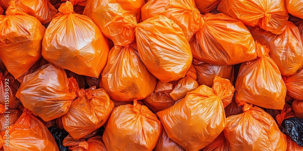 A vibrant pile of orange garbage bags forms a striking background, showcasing trash, rubbish, and plastic bags, emphasizing the growing concern around waste management and sustainability. A vibrant pile of orange garbage bags forms a striking background, showcasing trash, rubbish, and plastic bags, emphasizing the growing concern around waste management and sustainability.