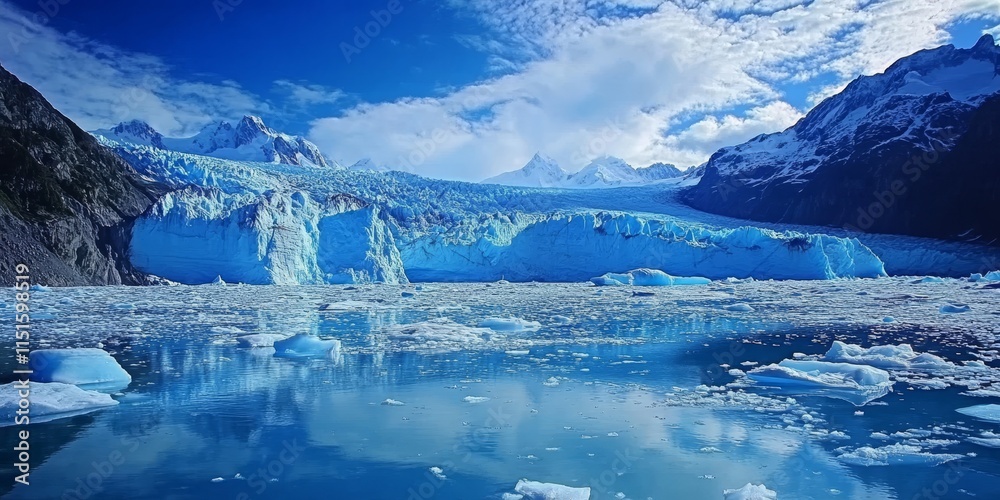 Naklejka premium Majestic Russell Glacier showcasing stunning ice formations and captivating landscapes. This breathtaking Russell Glacier is a natural wonder that intrigues and inspires. Experience the allure of