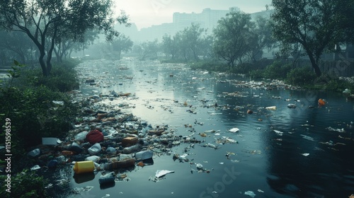 Polluted River Suffocating Under Plastic Waste: A Grim Portrait of Environmental Degradation photo