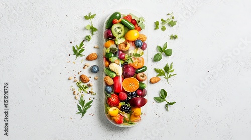 Fototapeta Naklejka Na Ścianę i Meble -  Multivitamin capsule filled with fruits, vegetables and nuts, set against a light grey background.
