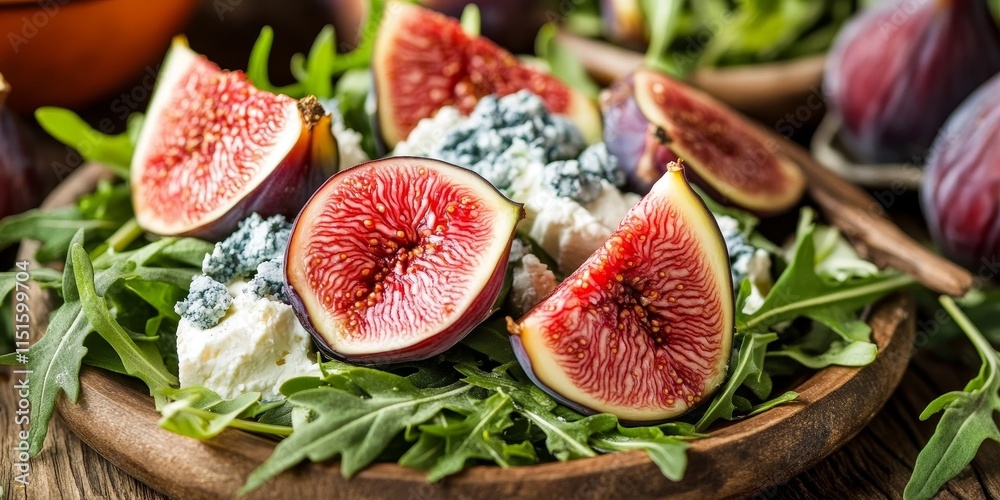 Delicious diet salad featuring arugula, figs, and blue cheese presented on a wooden surface. Enjoy savory sandwiches with ricotta, fresh figs, prosciutto, rosemary, and blue cheese for a fruity Delicious diet salad featuring arugula, figs, and blue cheese presented on a wooden surface. Enjoy savory sandwiches with ricotta, fresh figs, prosciutto, rosemary, and blue cheese for a fruity