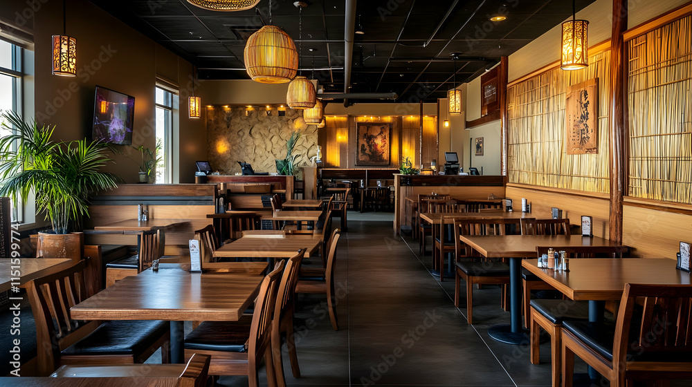 Obraz premium Modern Asian Restaurant Interior Design: Cozy Wooden Tables and Bamboo Decor