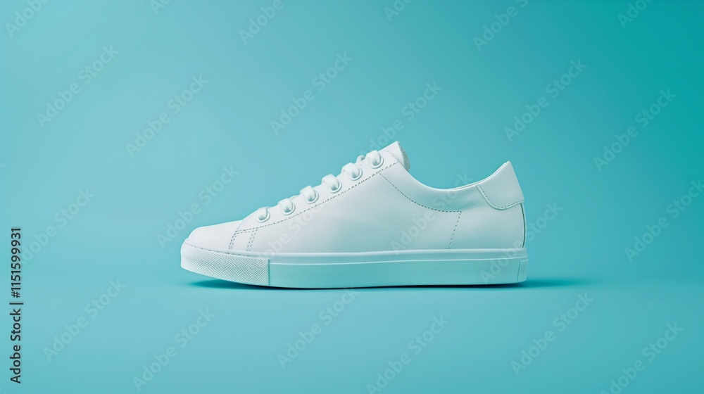 A minimalist white sneaker with a clean design, isolated on a solid pastel blue background. A minimalist white sneaker with a clean design, isolated on a solid pastel blue background.