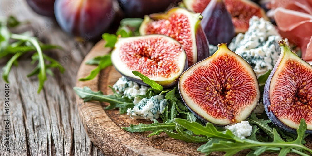 Delicious diet salad featuring arugula, figs, and blue cheese presented on a wooden surface. Enjoy savory sandwiches with ricotta, fresh figs, prosciutto, rosemary, and blue cheese for a fruity Delicious diet salad featuring arugula, figs, and blue cheese presented on a wooden surface. Enjoy savory sandwiches with ricotta, fresh figs, prosciutto, rosemary, and blue cheese for a fruity