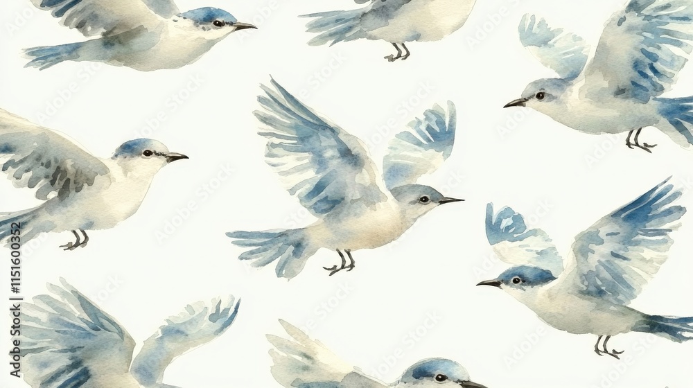 Obraz premium Watercolor painting of many bluebirds in flight