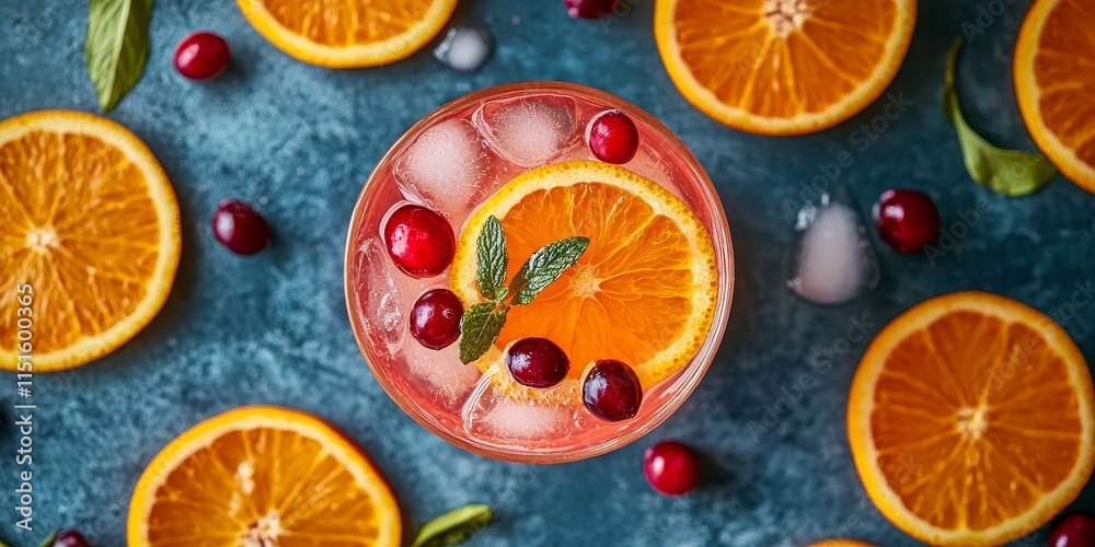 Refreshing drink made with red oranges and cranberry lemonade. This vibrant refreshing drink showcases the bright colors and flavors of red oranges, perfect for a summer day. Top view. Refreshing drink made with red oranges and cranberry lemonade. This vibrant refreshing drink showcases the bright colors and flavors of red oranges, perfect for a summer day. Top view.