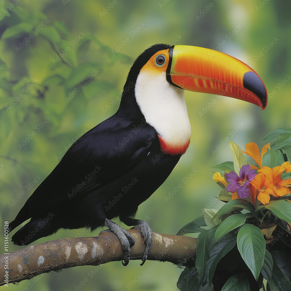 Fototapeta premium Vibrant toucan perched on rainforest branch showcasing colorful