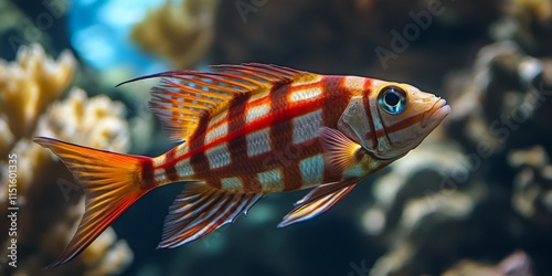 A tropical sea fish featuring vibrant red stripes showcases the beauty of underwater life. This striking tropical sea fish is perfect for illustrating marine biodiversity and aquatic environments. photo