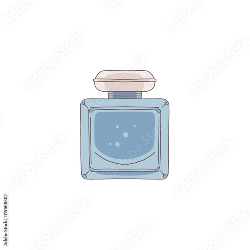 Vector image of a blue glass perfume bottle with bubbles on a white background.