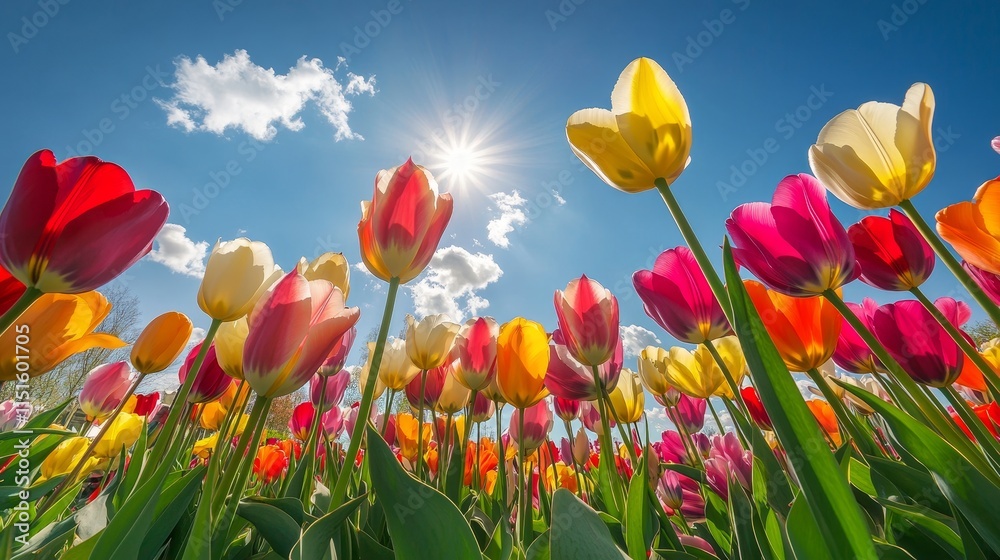 Fototapeta premium Vibrant bed of tulips blooms under the warm sun, creating a stunning display of colors. This picturesque bed of tulips captures the beauty of nature on a bright, sunny day.