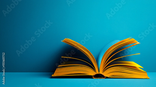 Open book with yellow pages against a blue background.