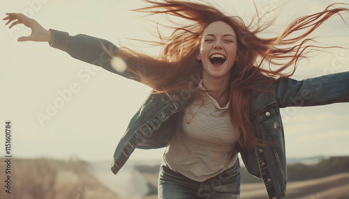 Joyful Young Woman with Flowing Hair Running Outdoors in Nature, Capturing Pure Energy and Happiness