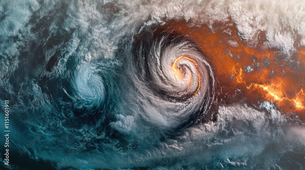 Fototapeta premium Massive cyclone forming over warm tropical waters, with intense cloud bands spiraling outward and visible lightning strikes