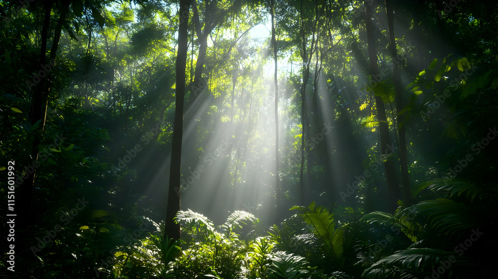 Fototapeta premium Sunbeams in the Lush Forest: A Tropical Paradise