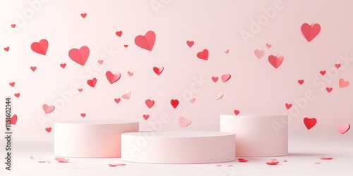 Tender pastel pink stage mockup featuring three round podiums surrounded by flying passion red paper hearts. This scene template is ideal for advertising, presentation, and cosmetic design.