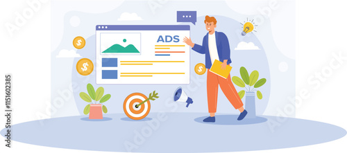 An illustration depicting a targeted advertising strategy, featuring a digital platform displaying personalized ads tailored to different customer segments.