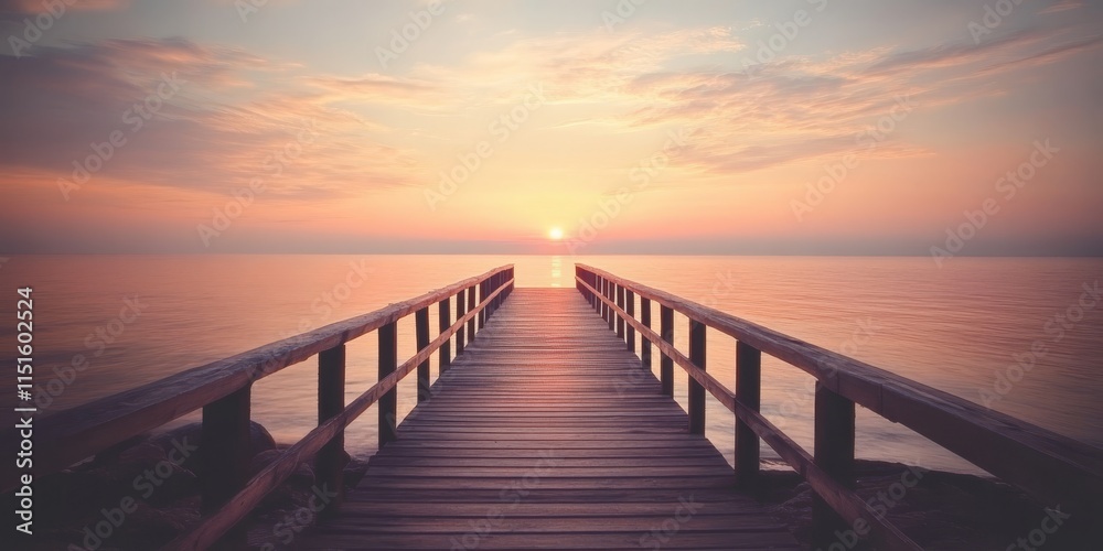 Obraz premium A serene wooden pier offers tranquil views of the ocean during sunset, creating a rustic atmosphere that enhances the calming experience of natures beauty.