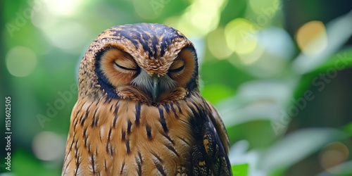 The Rufous legged Owl, a medium sized owl without ear tufts, is captured in a close up showing its head and face, featuring the bird s eye closed, highlighting this beautiful wild bird. photo